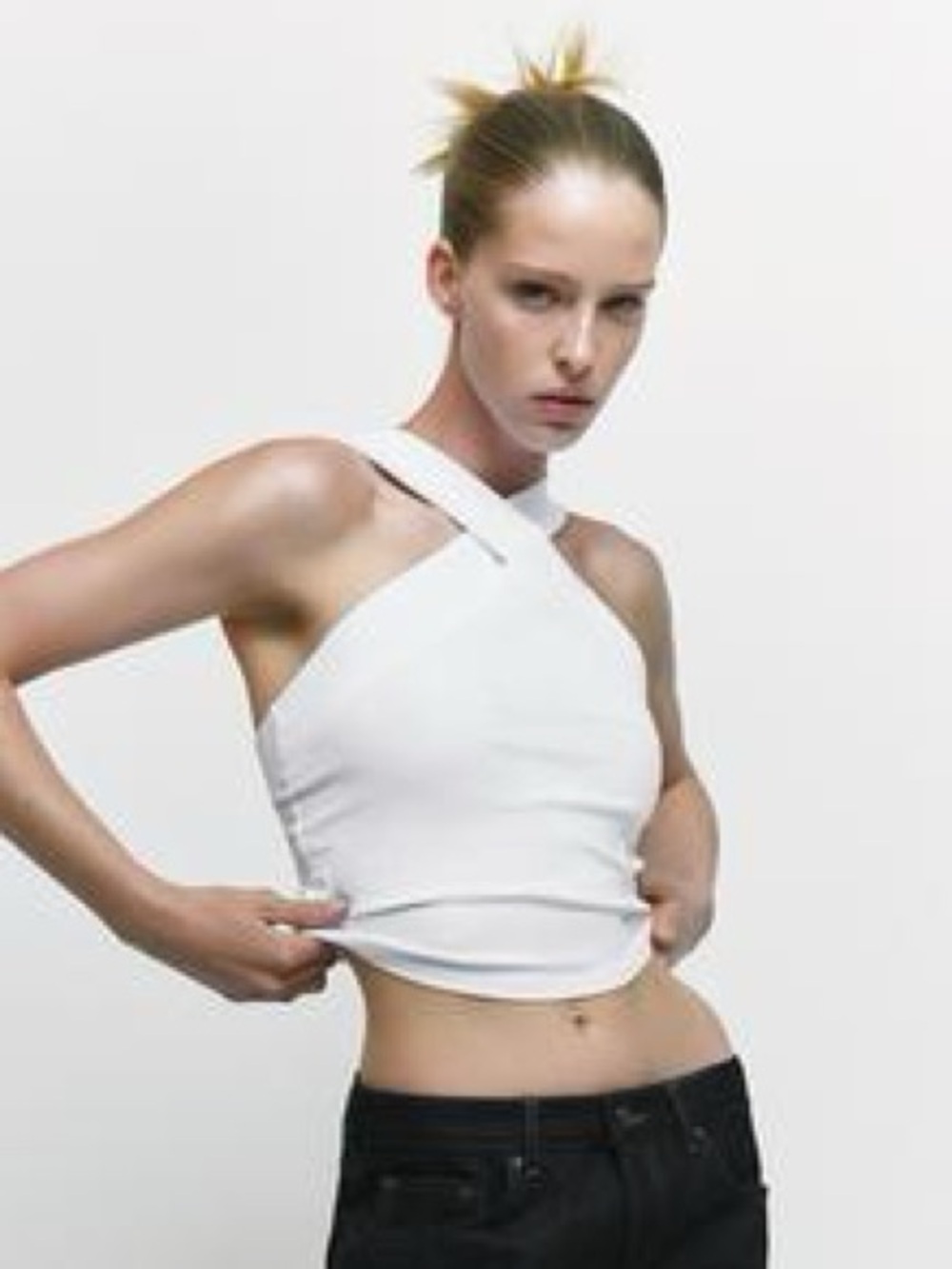 Zara NWT White Ribbed Crossover Halter Crop Top Criss Cross Size M